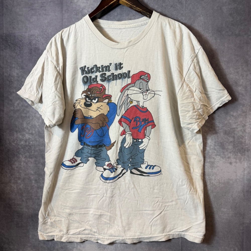 VTG Looney Tunes Kickin it Old School Bugs Bunny Taz Graphic T-Shirt Cream XL